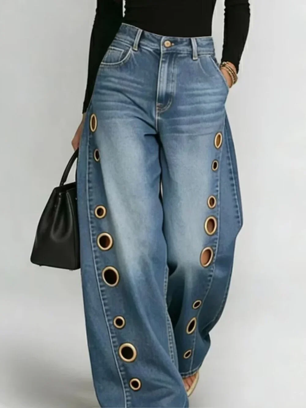 Vintage Washed High Rise Baggy Wide Leg Jeans for Women Classic Five Pocket